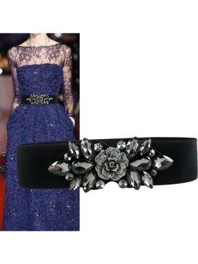 NEW 2/$30 Vintage Style Black/Silver Rose Rhinestone Stretch Belt Snap Closure